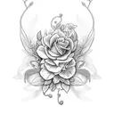 The tattoo features delicate, fine lines forming a graceful floral vine design. Soft pastel colors like blush pink, lave tattoo design idea