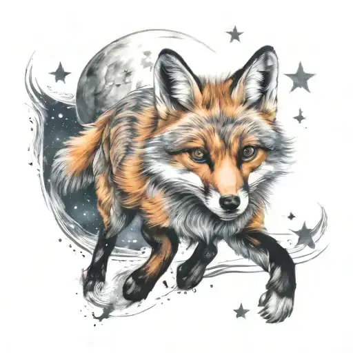 running fox, moon, stars, celestial themed tattoo  tattoo design idea