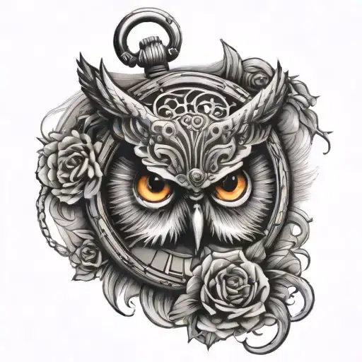 Owl face fade into pocket watch tattoo design idea