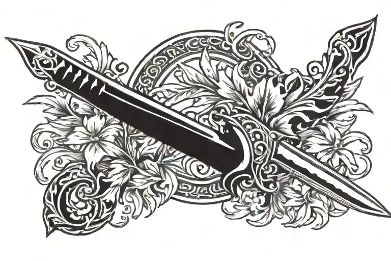 A bold tattoo with a detailed sword, flames, laurel leaves, symbolizing courage, strength, and honor. tattoo design idea