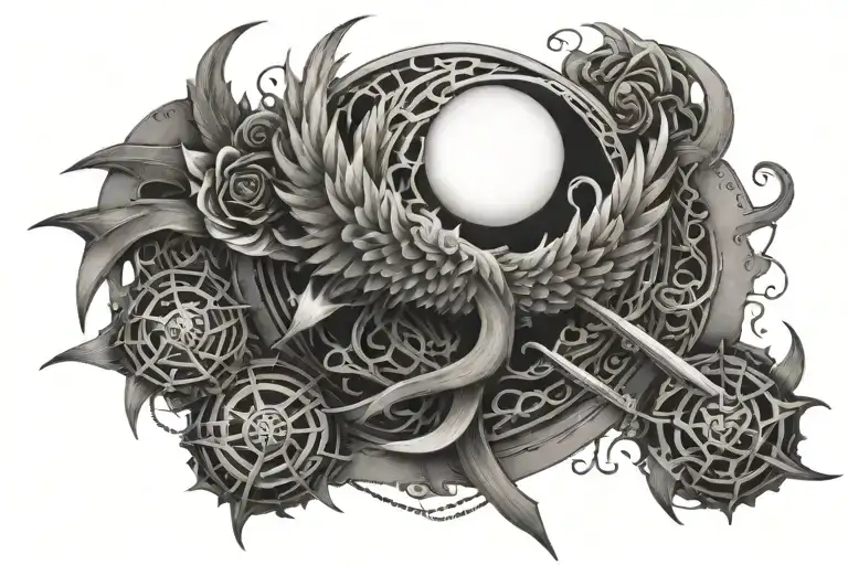  Create a sleeve tattoo featuring a central sword, phoenix, chains, anvil, sun, and moon, symbolizing courage, endurance tattoo design idea
