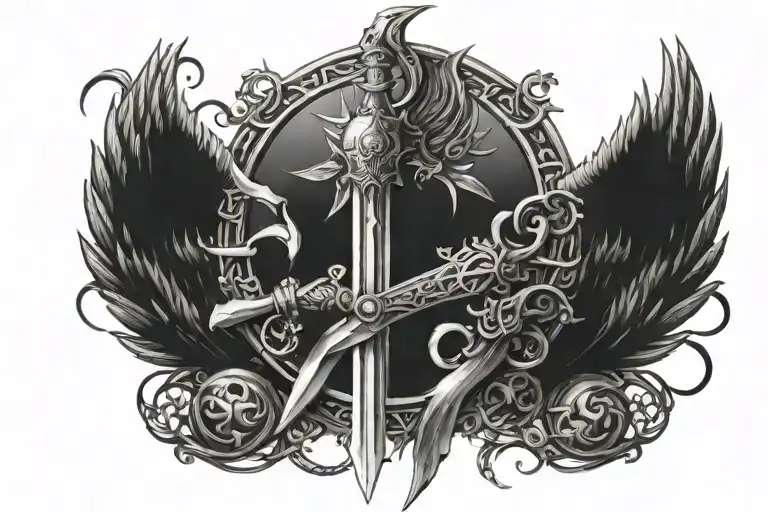  Create a sleeve tattoo featuring a central sword, phoenix, chains, anvil, sun, and moon, symbolizing courage, endurance tattoo design idea