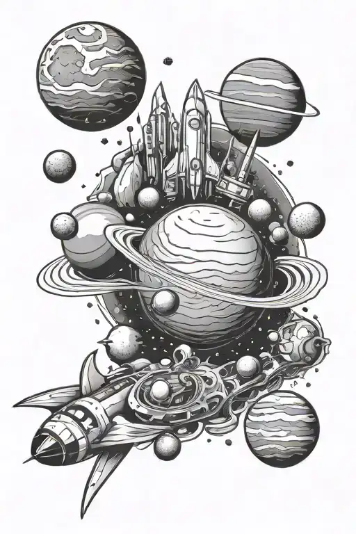 planets and rocket ships  tattoo design idea