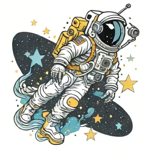 astronaut in space with stars and a unicorn and pikachu in the background tattoo design idea