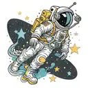 astronaut in space with stars and a unicorn and pikachu in the background tattoo design idea