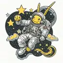 astronaut in space with stars and a unicorn and pikachu in the background tattoo design idea