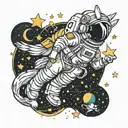 astronaut in space with stars and a unicorn and pikachu in the background tattoo design idea