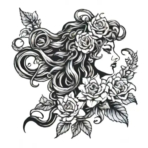 A Medusa with a bouquet of flowers emerging from her hair tattoo design idea