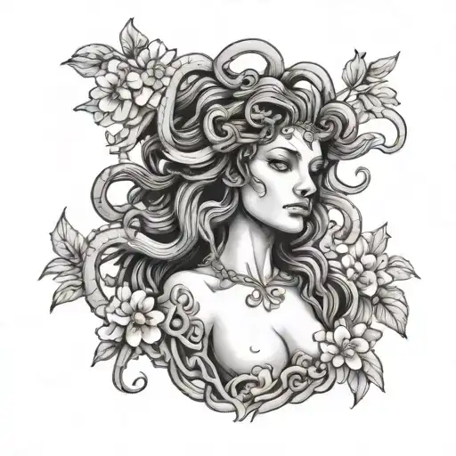A black and grey portrait of Medusa surrounded by blooming flowers tattoo design idea