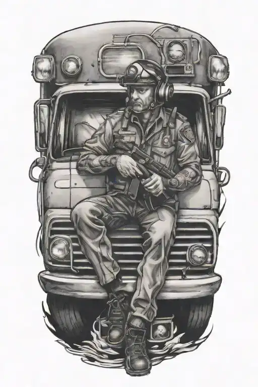 A realistic black and grey tattoo of a paramedic driving a truck while listening to music tattoo design idea