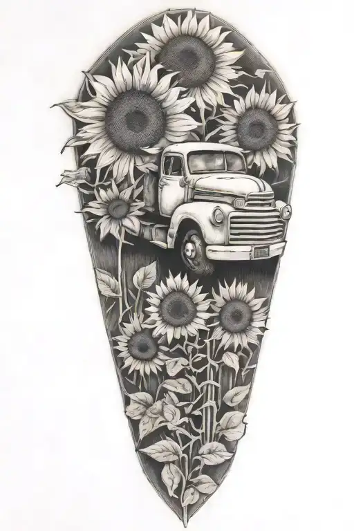 A blackwork tattoo of a truck morphing into a field of sunflowers tattoo design idea