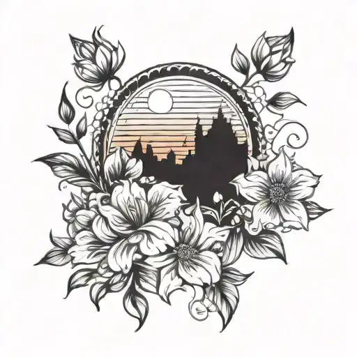 Sunset with flowers tattoo design idea