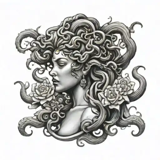 A black and grey portrait of Medusa surrounded by blooming flowers tattoo design idea