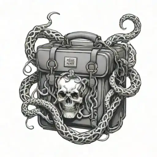 A black-grey tattoo of a paramedic's medical bag entwined with Medusa's snakes tattoo design idea