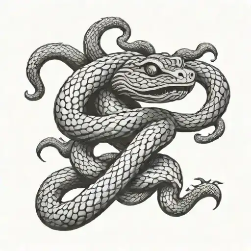A stylized blackwork snake tattoo with Medusa's face hidden within the scales tattoo design idea