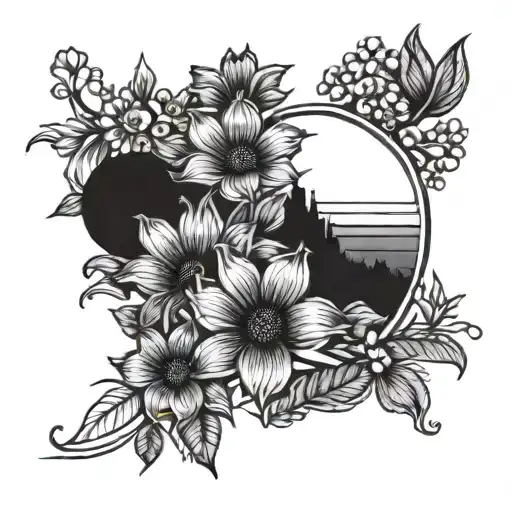 Sunset with flowers tattoo design idea