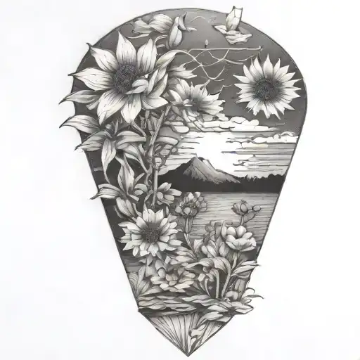 Sunset with flowers tattoo design idea