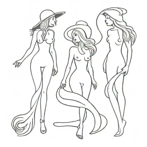 tattoo in line style black and white outline, simple silhouettes, three witches without faces in full growth with different lengths of hair around the body tattoo design idea