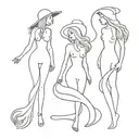 tattoo in line style black and white outline, simple silhouettes, three witches without faces in full growth with different lengths of hair around the body tattoo design idea