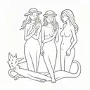 tattoo in line style black and white outline, simple silhouettes, three witches without faces in full growth with different lengths of hair around the body tattoo design idea