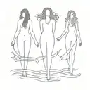 tattoo in line style black and white outline, simple silhouettes, three witches without faces in full growth with different lengths of hair around the body tattoo design idea