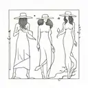 tattoo in line style black and white outline, simple silhouettes, three witches without faces in full growth with different lengths of hair around the body tattoo design idea