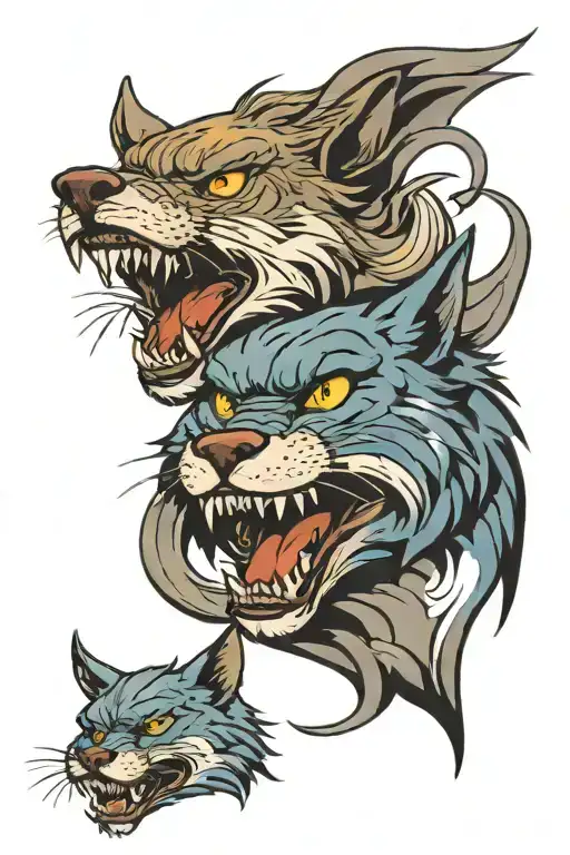 cat snarling Wolfs facing each other tattoo design idea