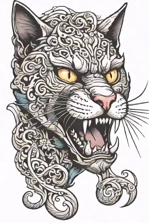 cat snarling curled tattoo design idea