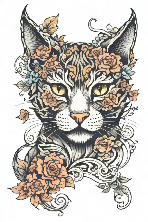 cat twisted in flowers  tattoo design idea