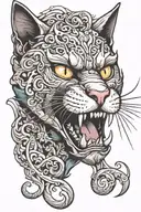 cat snarling curled tattoo design idea