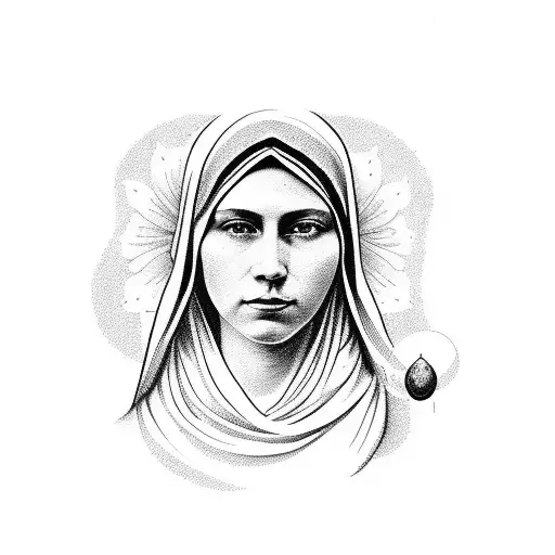 A stunning portrait of Mother Lucia surrounded by vibrant margarita flowers tattoo design idea