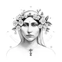 A stunning portrait of Mother Lucia surrounded by vibrant margarita flowers tattoo design idea