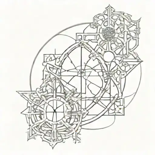 A dark cyber sigil incorporating elements of gothic architecture tattoo design idea