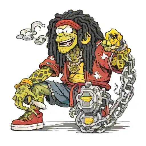 spongebob with black dreadlocks wearing red and black kimono and Airforce 1s with 6 diamond chains around his neck  tattoo design idea
