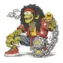 spongebob with black dreadlocks wearing red and black kimono and Airforce 1s with 6 diamond chains around his neck  tattoo design idea