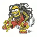 spongebob with black dreadlocks wearing red and black kimono and Airforce 1s with 6 diamond chains around his neck  tattoo design idea