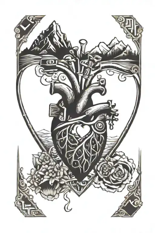 heart shape from pokercard with MTB and mountains inside  tattoo design idea