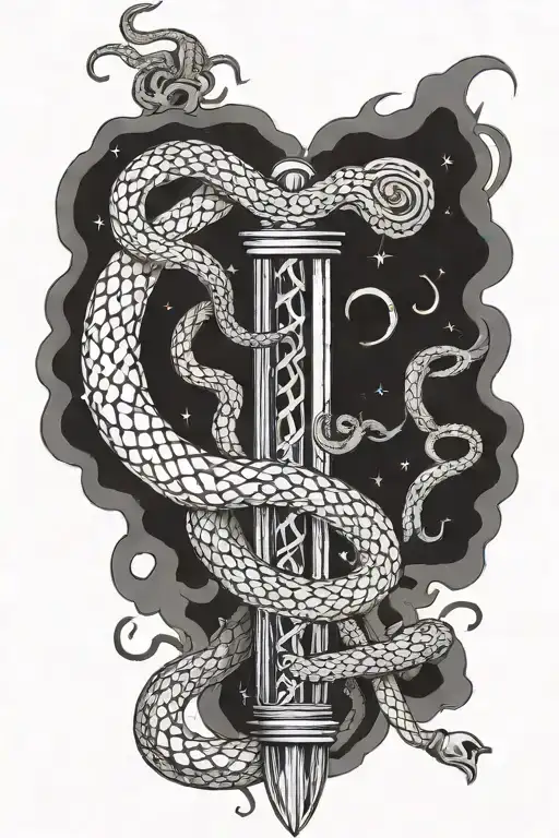 elder wand surrounded by snakes tattoo design idea