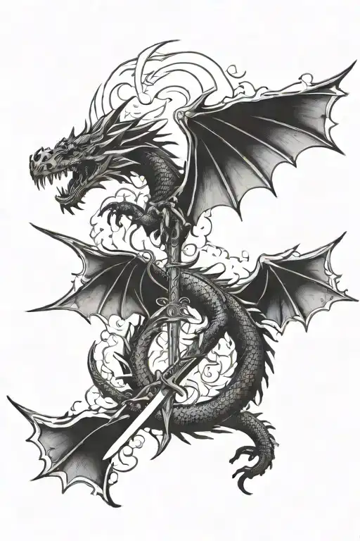 Dragon and sword surrounded by fire and clouds tattoo design idea