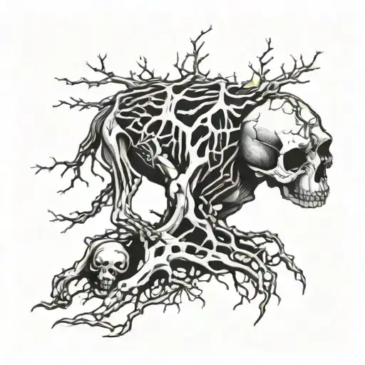 A skeletal animal surrounded by intricate tree roots tattoo design idea