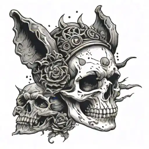 A skull with Suicideboys logo as the eye sockets, surrounded by animal silhouettes tattoo design idea