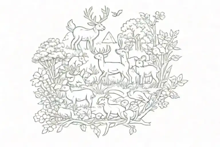 Forest animals playing together (deer, duck, frog, raccoon, squirrel, snail, bunny, etc.)  tattoo design idea