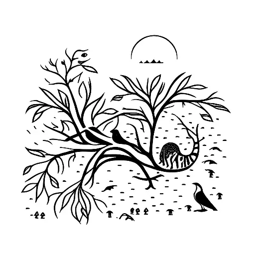 Design of a tree branch with animals and vegetation tattoo design idea