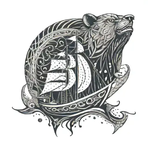 Abstract geometric viking ship with bear figurehead tattoo design idea