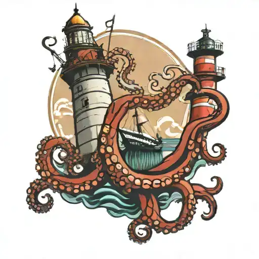 octopus and lighthouse guiding ships tattoo design idea