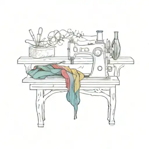 A detailed tattoo of Szyja working at their sewing machine, surrounded by colorful threads and fabric tattoo design idea
