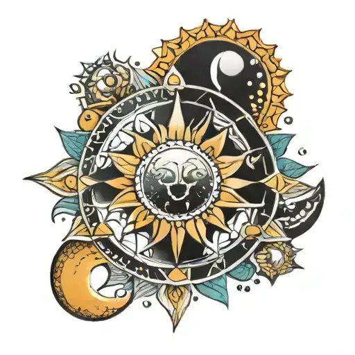 sun, phases of moon embedded in mandala design inspired tattoo design idea