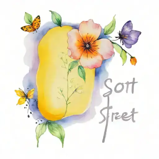 Flowers and tiny objects, with the words 'Scott Street, 2:54' tattoo design idea