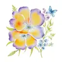 Flowers and tiny objects, with the words 'Scott Street, 2:54' tattoo design idea