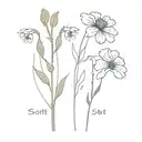 Flowers and tiny objects, with the words 'Scott Street, 2:54' tattoo design idea